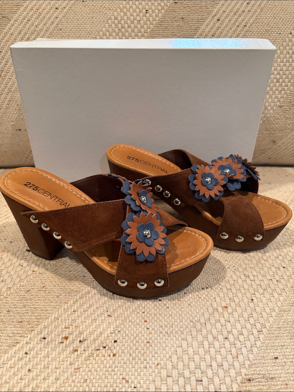 Brown Suede Floral Platform Sandals